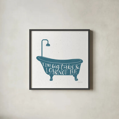 Turkish Tile Bathroom Puns I by Becky Thorns. Shown in a sleek black glass frame for a contemporary gallery look. Available as an archival giclee rolled canvas, fine art paper, or poster print. SKU 58431a.