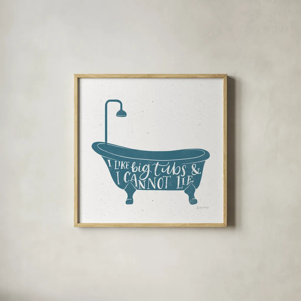 Turkish Tile Bathroom Puns I by Becky Thorns. Shown in a natural wood glass frame for a timeless modern aesthetic. Available as an archival giclee rolled canvas, fine art paper, or poster print. SKU 58431a.