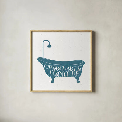 Turkish Tile Bathroom Puns I by Becky Thorns. Shown in a natural wood glass frame for a timeless modern aesthetic. Available as an archival giclee rolled canvas, fine art paper, or poster print. SKU 58431a.