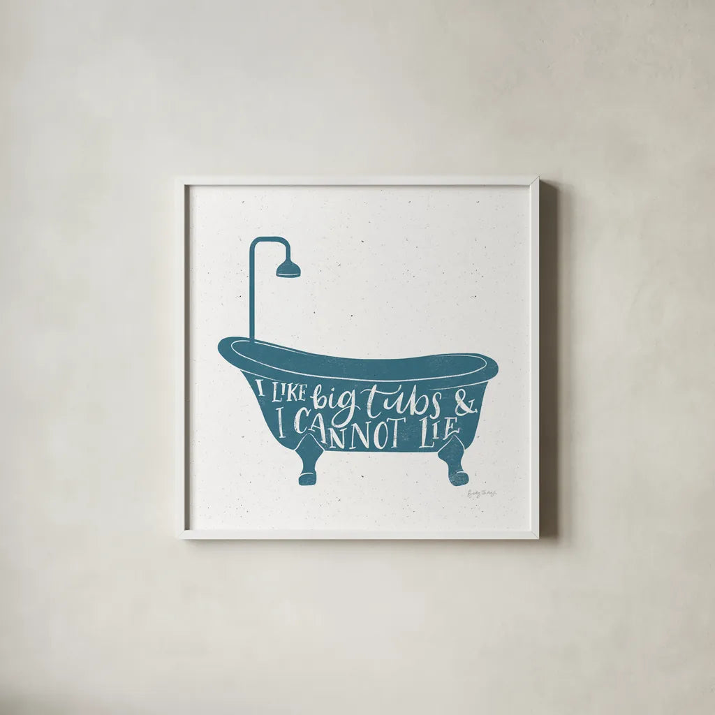 Turkish Tile Bathroom Puns I by Becky Thorns. Shown in a crisp white glass frame for a clean and minimalist style. Available as an archival giclee rolled canvas, fine art paper, or poster print. SKU 58431a.