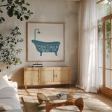 Turkish Tile Bathroom Puns I by Becky Thorns. Shown in a natural wood frame in a cozy modern living room. Available as an archival giclee rolled canvas, fine art paper, or poster print. SKU 58431a.