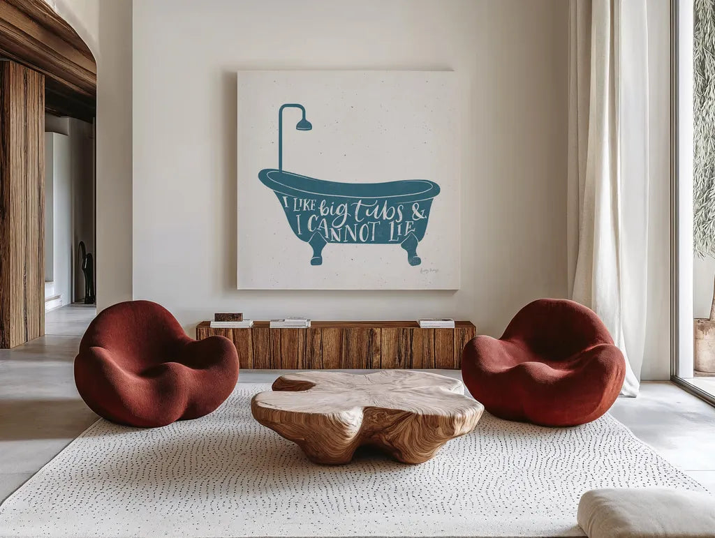 Turkish Tile Bathroom Puns I by Becky Thorns. Shown as extra-large giant wall art in a modern living room. Available as an archival giclee rolled canvas, fine art paper, or poster print. SKU 58431a.