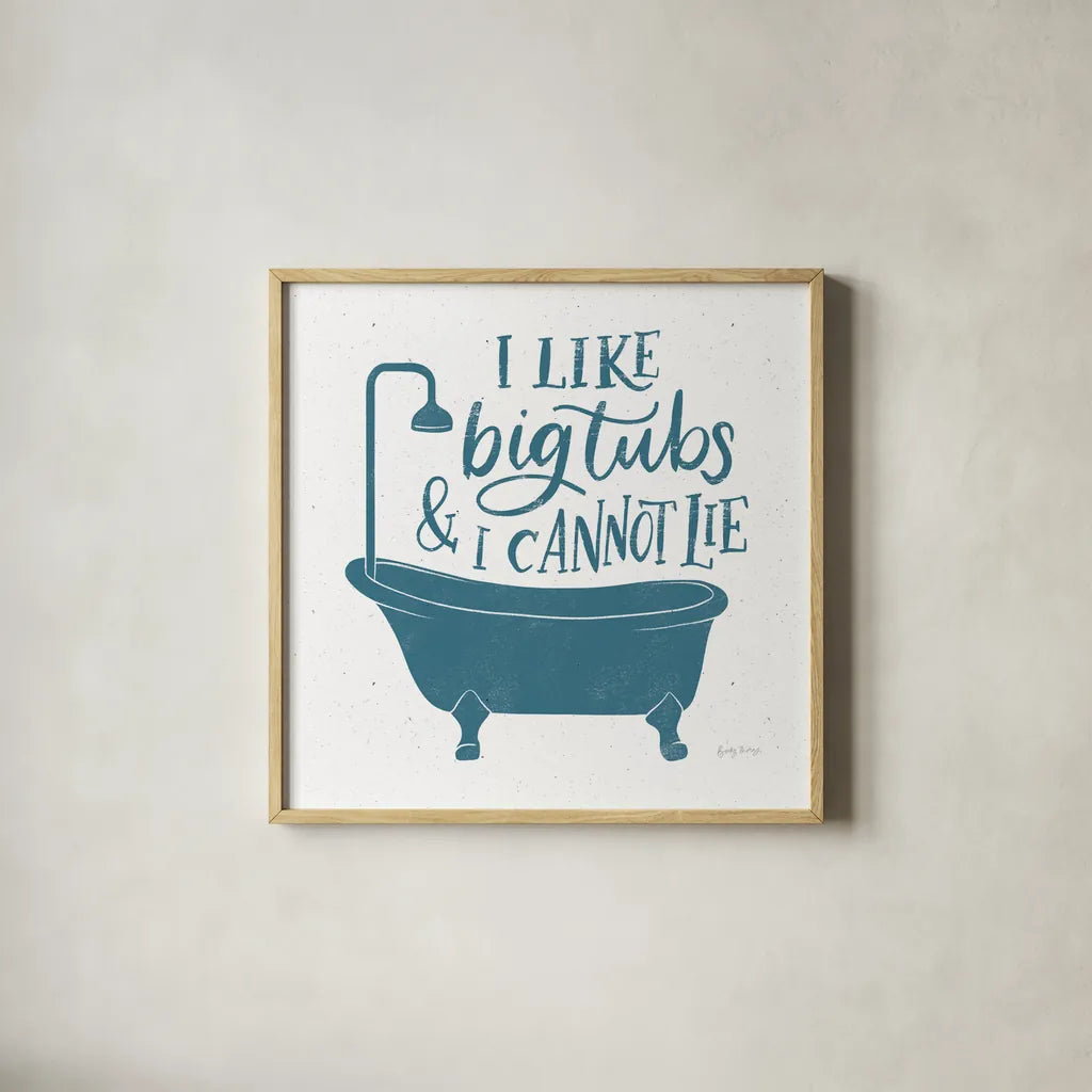 Turkish Tile Bathroom Puns II by Becky Thorns. Shown in a natural wood glass frame for a timeless modern aesthetic. Available as an archival giclee rolled canvas, fine art paper, or poster print. SKU 58432a.