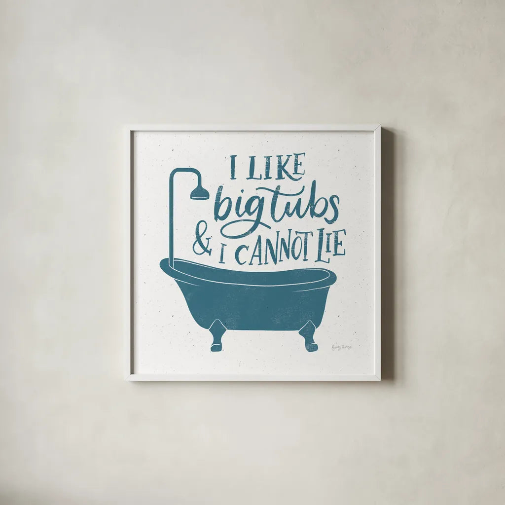 Turkish Tile Bathroom Puns II by Becky Thorns. Shown in a crisp white glass frame for a clean and minimalist style. Available as an archival giclee rolled canvas, fine art paper, or poster print. SKU 58432a.