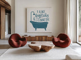 Turkish Tile Bathroom Puns II by Becky Thorns. Shown as extra-large giant wall art in a modern living room. Available as an archival giclee rolled canvas, fine art paper, or poster print. SKU 58432a.
