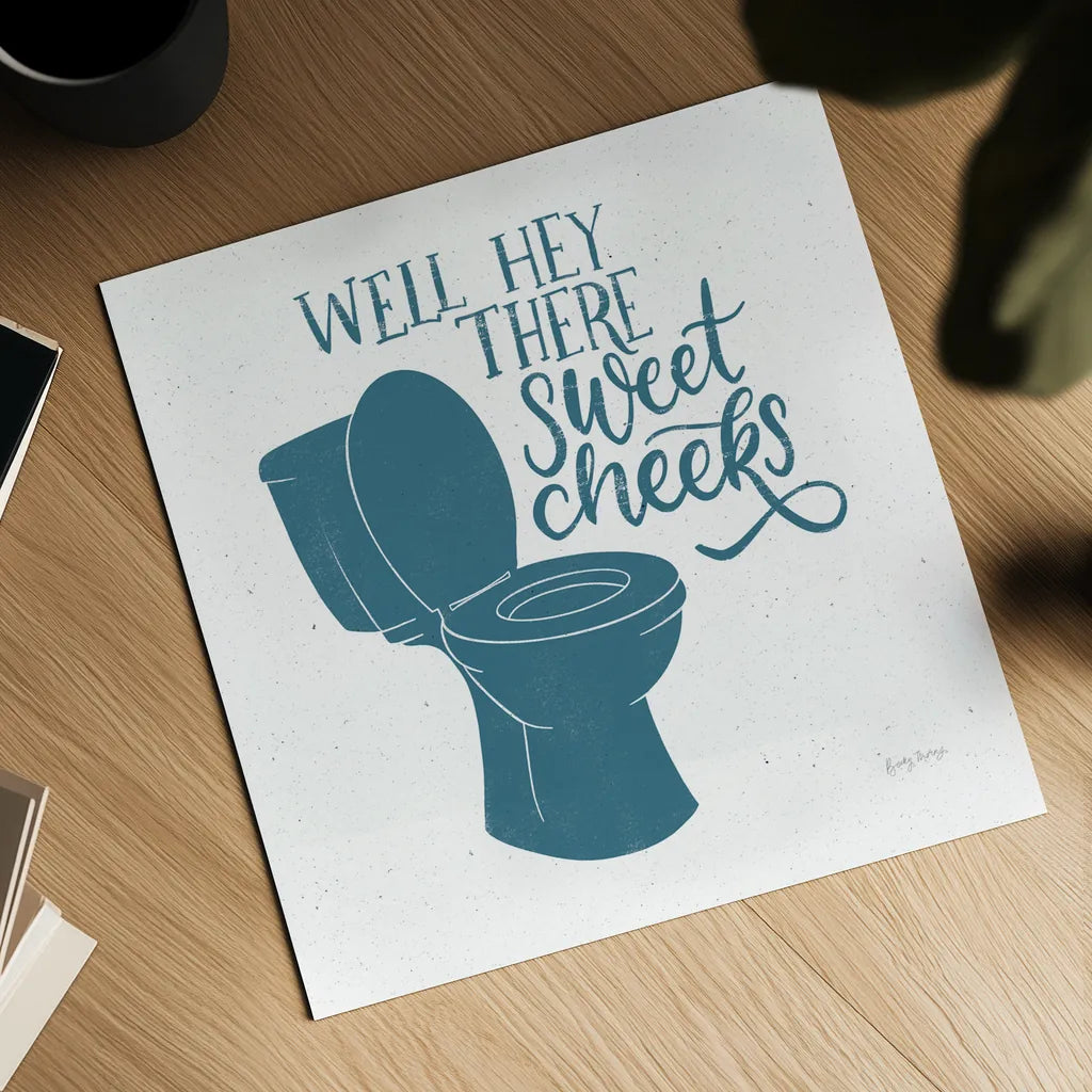 Turkish Tile Bathroom Puns III by Becky Thorns. Shown as a detailed flat fine art print, highlighting archival giclee quality. Available as an archival giclee rolled canvas, fine art paper, or poster print. SKU 58433a.