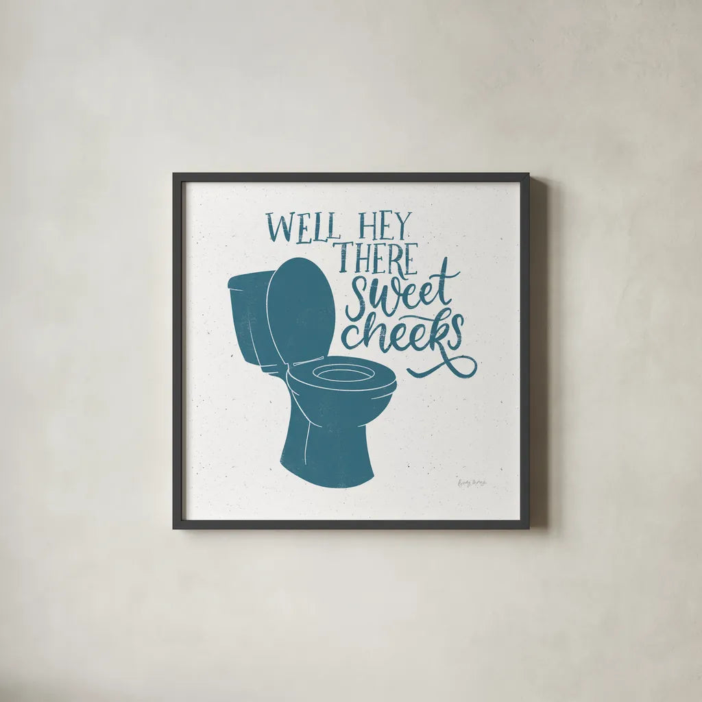 Turkish Tile Bathroom Puns III by Becky Thorns. Shown in a sleek black glass frame for a contemporary gallery look. Available as an archival giclee rolled canvas, fine art paper, or poster print. SKU 58433a.