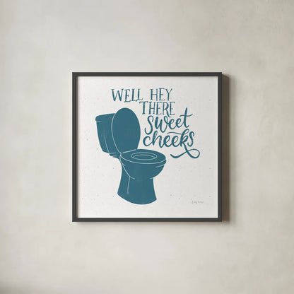 Turkish Tile Bathroom Puns III by Becky Thorns. Shown in a sleek black glass frame for a contemporary gallery look. Available as an archival giclee rolled canvas, fine art paper, or poster print. SKU 58433a.