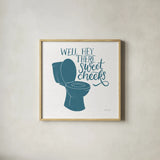 Turkish Tile Bathroom Puns III by Becky Thorns. Shown in a natural wood glass frame for a timeless modern aesthetic. Available as an archival giclee rolled canvas, fine art paper, or poster print. SKU 58433a.