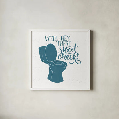 Turkish Tile Bathroom Puns III by Becky Thorns. Shown in a crisp white glass frame for a clean and minimalist style. Available as an archival giclee rolled canvas, fine art paper, or poster print. SKU 58433a.