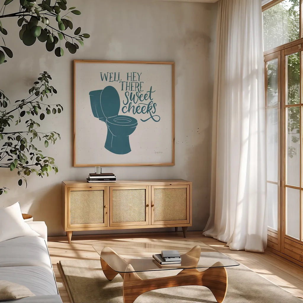 Turkish Tile Bathroom Puns III by Becky Thorns. Shown in a natural wood frame in a cozy modern living room. Available as an archival giclee rolled canvas, fine art paper, or poster print. SKU 58433a.