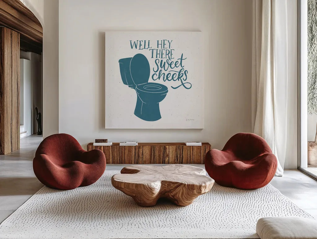 Turkish Tile Bathroom Puns III by Becky Thorns. Shown as extra-large giant wall art in a modern living room. Available as an archival giclee rolled canvas, fine art paper, or poster print. SKU 58433a.