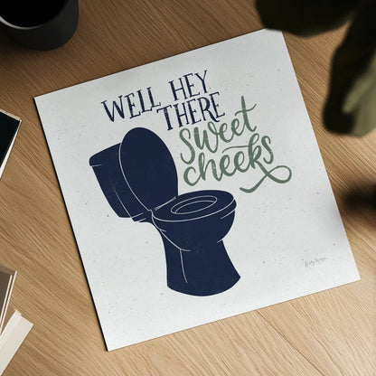 Turkish Tile Bathroom Puns III BG by Becky Thorns. Shown as a detailed flat fine art print, highlighting archival giclee quality. Available as an archival giclee rolled canvas, fine art paper, or poster print. SKU 62310a.