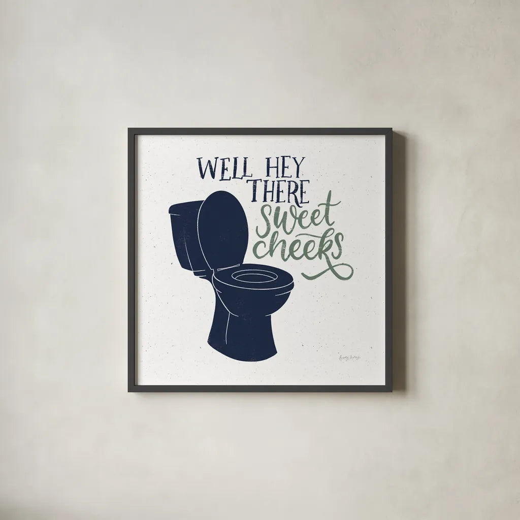 Turkish Tile Bathroom Puns III BG by Becky Thorns. Shown in a sleek black glass frame for a contemporary gallery look. Available as an archival giclee rolled canvas, fine art paper, or poster print. SKU 62310a.