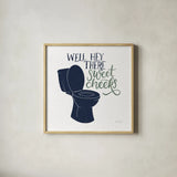 Turkish Tile Bathroom Puns III BG by Becky Thorns. Shown in a natural wood glass frame for a timeless modern aesthetic. Available as an archival giclee rolled canvas, fine art paper, or poster print. SKU 62310a.