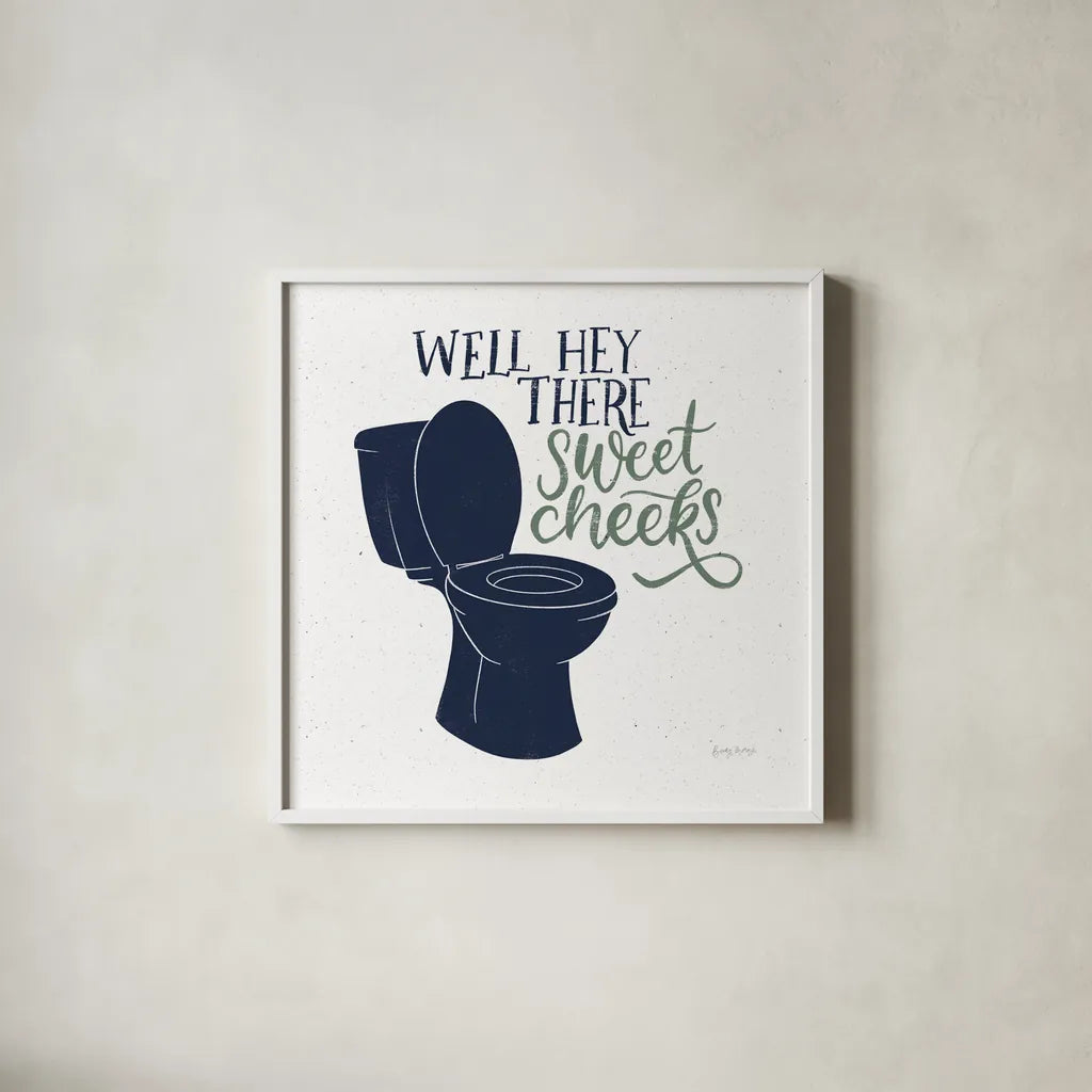 Turkish Tile Bathroom Puns III BG by Becky Thorns. Shown in a crisp white glass frame for a clean and minimalist style. Available as an archival giclee rolled canvas, fine art paper, or poster print. SKU 62310a.