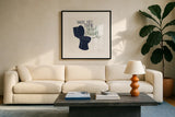 Turkish Tile Bathroom Puns III BG by Becky Thorns. Displayed in a glass frame with matte in a clean modern living room. Available as an archival giclee rolled canvas, fine art paper, or poster print. SKU 62310a.