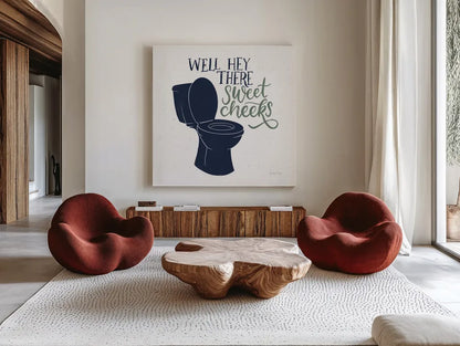 Turkish Tile Bathroom Puns III BG by Becky Thorns. Shown as extra-large giant wall art in a modern living room. Available as an archival giclee rolled canvas, fine art paper, or poster print. SKU 62310a.