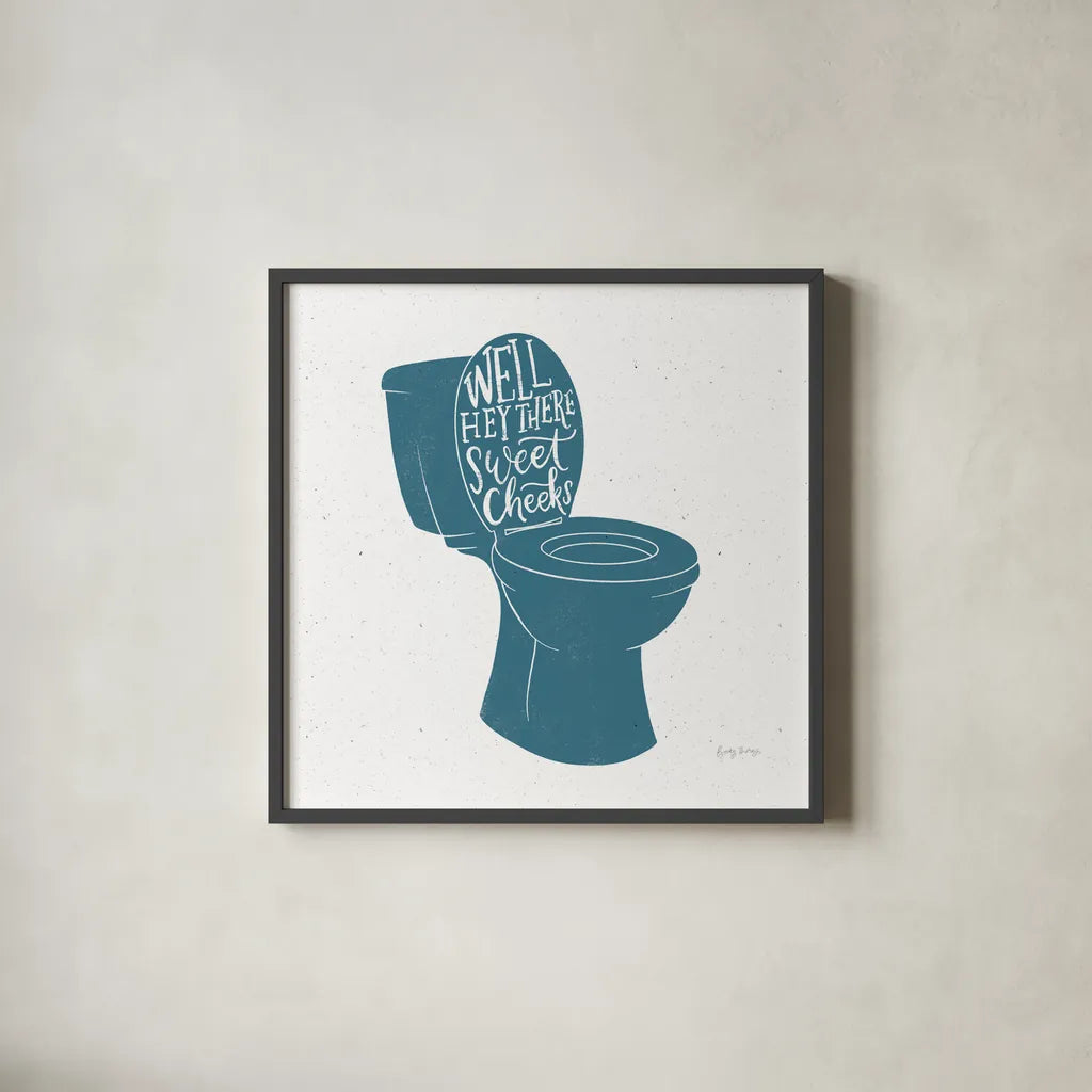 Turkish Tile Bathroom Puns IV by Becky Thorns. Shown in a sleek black glass frame for a contemporary gallery look. Available as an archival giclee rolled canvas, fine art paper, or poster print. SKU 58434a.