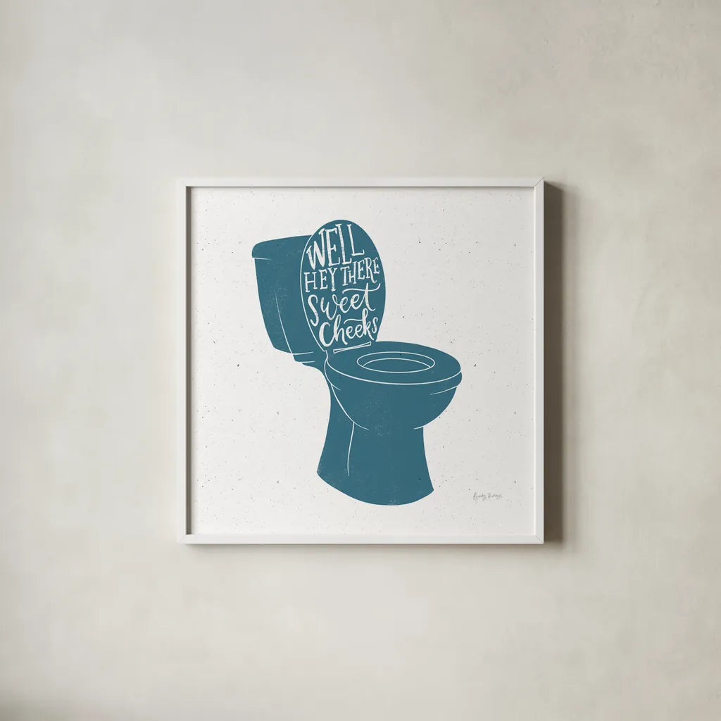 Turkish Tile Bathroom Puns IV by Becky Thorns. Shown in a crisp white glass frame for a clean and minimalist style. Available as an archival giclee rolled canvas, fine art paper, or poster print. SKU 58434a.