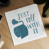 Turkish Tile Bathroom Puns V by Becky Thorns. Shown as a detailed flat fine art print, highlighting archival giclee quality. Available as an archival giclee rolled canvas, fine art paper, or poster print. SKU 58435a.