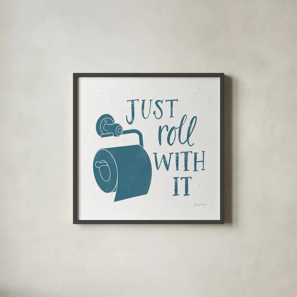 Turkish Tile Bathroom Puns V by Becky Thorns. Shown in a sleek black glass frame for a contemporary gallery look. Available as an archival giclee rolled canvas, fine art paper, or poster print. SKU 58435a.