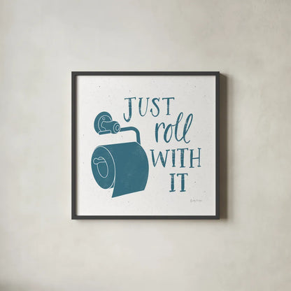 Turkish Tile Bathroom Puns V by Becky Thorns. Shown in a sleek black glass frame for a contemporary gallery look. Available as an archival giclee rolled canvas, fine art paper, or poster print. SKU 58435a.