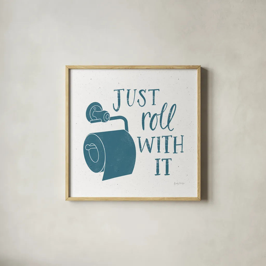 Turkish Tile Bathroom Puns V by Becky Thorns. Shown in a natural wood glass frame for a timeless modern aesthetic. Available as an archival giclee rolled canvas, fine art paper, or poster print. SKU 58435a.