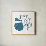 Turkish Tile Bathroom Puns V by Becky Thorns. Shown in a natural wood glass frame for a timeless modern aesthetic. Available as an archival giclee rolled canvas, fine art paper, or poster print. SKU 58435a.