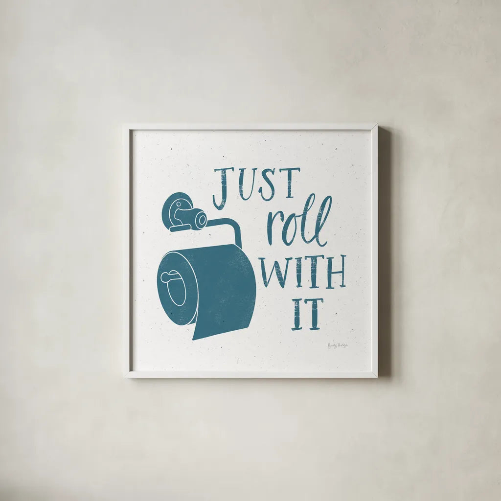 Turkish Tile Bathroom Puns V by Becky Thorns. Shown in a crisp white glass frame for a clean and minimalist style. Available as an archival giclee rolled canvas, fine art paper, or poster print. SKU 58435a.