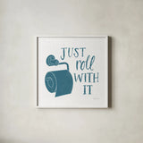 Turkish Tile Bathroom Puns V by Becky Thorns. Shown in a crisp white glass frame for a clean and minimalist style. Available as an archival giclee rolled canvas, fine art paper, or poster print. SKU 58435a.