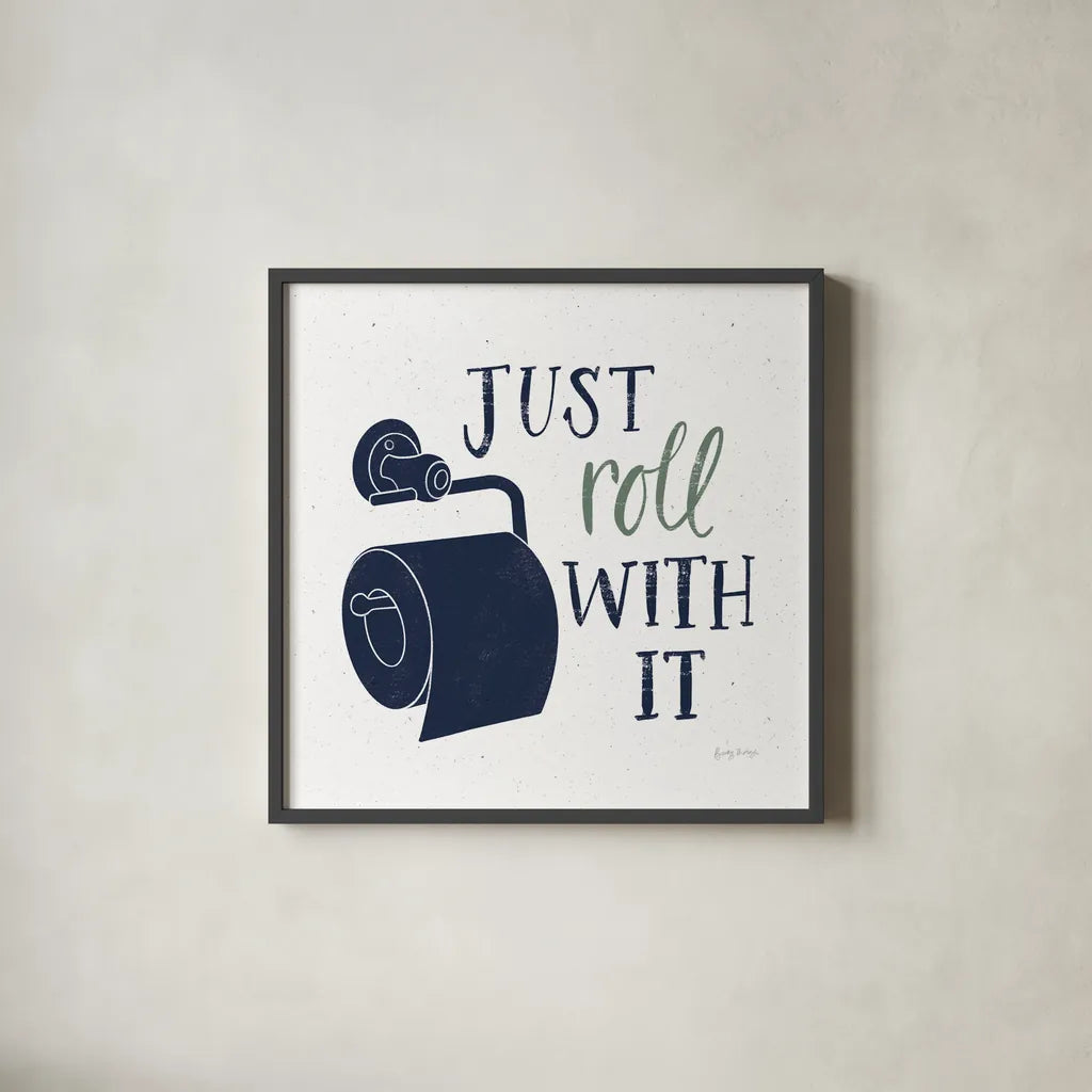 Turkish Tile Bathroom Puns V BG by Becky Thorns. Shown in a sleek black glass frame for a contemporary gallery look. Available as an archival giclee rolled canvas, fine art paper, or poster print. SKU 62311a.