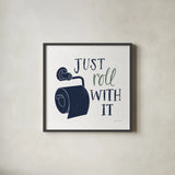 Turkish Tile Bathroom Puns V BG by Becky Thorns. Shown in a sleek black glass frame for a contemporary gallery look. Available as an archival giclee rolled canvas, fine art paper, or poster print. SKU 62311a.