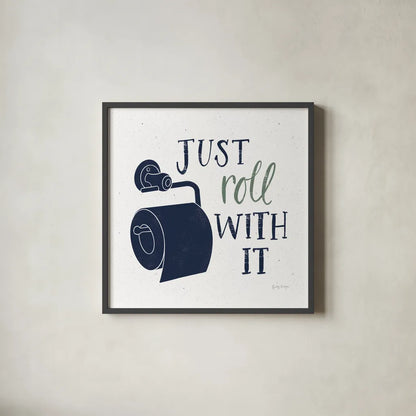 Turkish Tile Bathroom Puns V BG by Becky Thorns. Shown in a sleek black glass frame for a contemporary gallery look. Available as an archival giclee rolled canvas, fine art paper, or poster print. SKU 62311a.