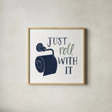 Turkish Tile Bathroom Puns V BG by Becky Thorns. Shown in a natural wood glass frame for a timeless modern aesthetic. Available as an archival giclee rolled canvas, fine art paper, or poster print. SKU 62311a.