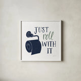 Turkish Tile Bathroom Puns V BG by Becky Thorns. Shown in a crisp white glass frame for a clean and minimalist style. Available as an archival giclee rolled canvas, fine art paper, or poster print. SKU 62311a.