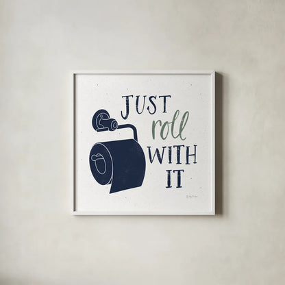 Turkish Tile Bathroom Puns V BG by Becky Thorns. Shown in a crisp white glass frame for a clean and minimalist style. Available as an archival giclee rolled canvas, fine art paper, or poster print. SKU 62311a.