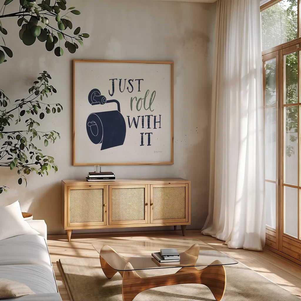 Turkish Tile Bathroom Puns V BG by Becky Thorns. Shown in a natural wood frame in a cozy modern living room. Available as an archival giclee rolled canvas, fine art paper, or poster print. SKU 62311a.