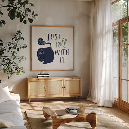 Turkish Tile Bathroom Puns V BG by Becky Thorns. Shown in a natural wood frame in a cozy modern living room. Available as an archival giclee rolled canvas, fine art paper, or poster print. SKU 62311a.