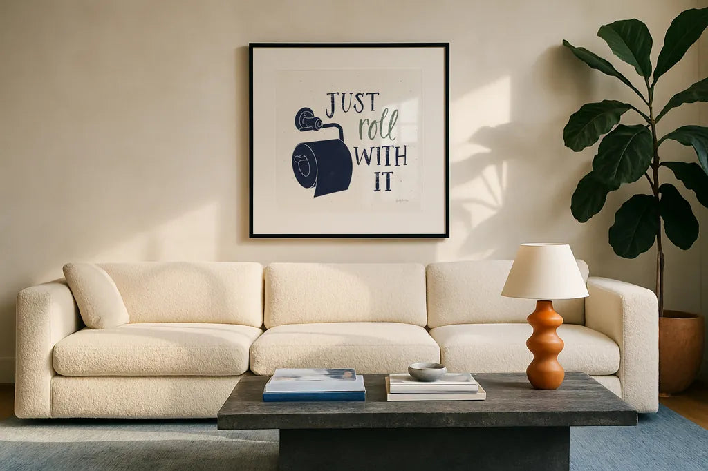 Turkish Tile Bathroom Puns V BG by Becky Thorns. Displayed in a glass frame with matte in a clean modern living room. Available as an archival giclee rolled canvas, fine art paper, or poster print. SKU 62311a.