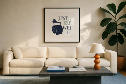 Turkish Tile Bathroom Puns V BG by Becky Thorns. Displayed in a glass frame with matte in a clean modern living room. Available as an archival giclee rolled canvas, fine art paper, or poster print. SKU 62311a.