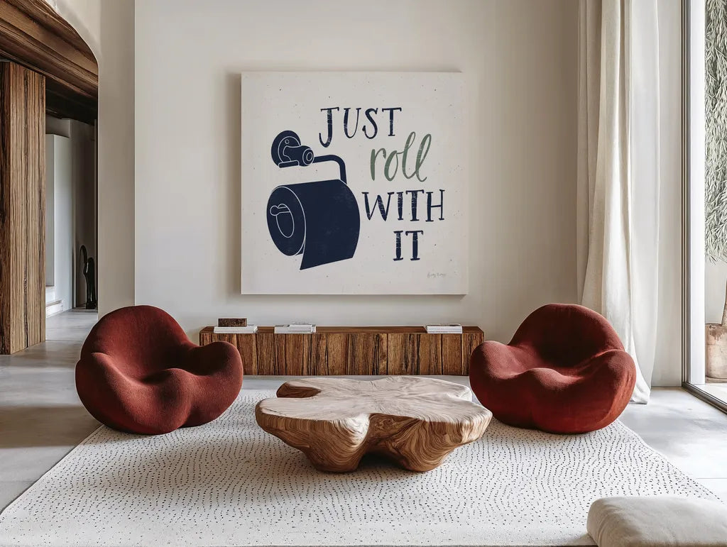 Turkish Tile Bathroom Puns V BG by Becky Thorns. Shown as extra-large giant wall art in a modern living room. Available as an archival giclee rolled canvas, fine art paper, or poster print. SKU 62311a.