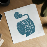 Turkish Tile Bathroom Puns VI by Becky Thorns. Shown as a detailed flat fine art print, highlighting archival giclee quality. Available as an archival giclee rolled canvas, fine art paper, or poster print. SKU 58436a.