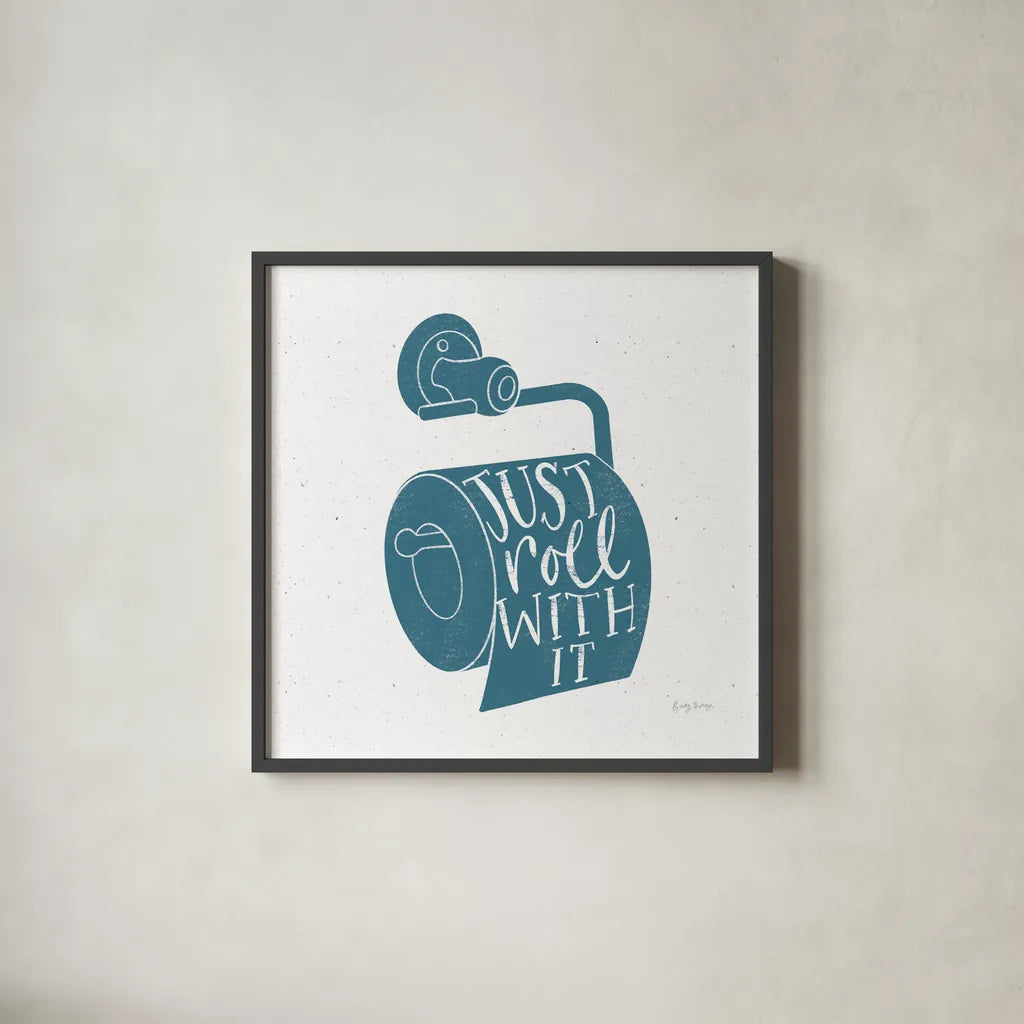Turkish Tile Bathroom Puns VI by Becky Thorns. Shown in a sleek black glass frame for a contemporary gallery look. Available as an archival giclee rolled canvas, fine art paper, or poster print. SKU 58436a.