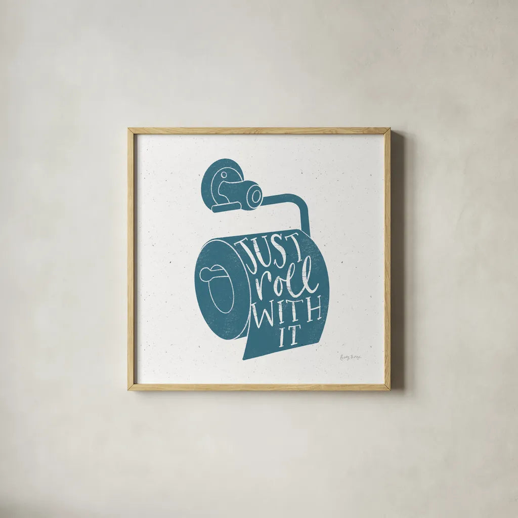 Turkish Tile Bathroom Puns VI by Becky Thorns. Shown in a natural wood glass frame for a timeless modern aesthetic. Available as an archival giclee rolled canvas, fine art paper, or poster print. SKU 58436a.