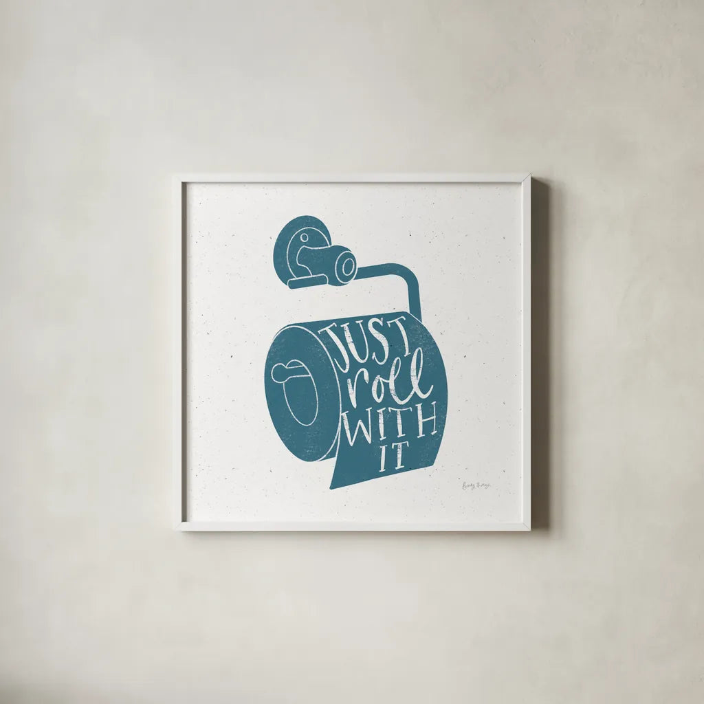 Turkish Tile Bathroom Puns VI by Becky Thorns. Shown in a crisp white glass frame for a clean and minimalist style. Available as an archival giclee rolled canvas, fine art paper, or poster print. SKU 58436a.