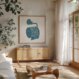 Turkish Tile Bathroom Puns VI by Becky Thorns. Shown in a natural wood frame in a cozy modern living room. Available as an archival giclee rolled canvas, fine art paper, or poster print. SKU 58436a.