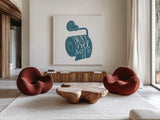 Turkish Tile Bathroom Puns VI by Becky Thorns. Shown as extra-large giant wall art in a modern living room. Available as an archival giclee rolled canvas, fine art paper, or poster print. SKU 58436a.