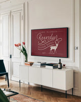 Vintage Christmas III Red Hot Cocoa by Becky Thorns. shown as a framed stretched canvas in a living room above a console. Available as a archival giclee rolled canvas, fine art paper, or poster print. SKU 63172i.