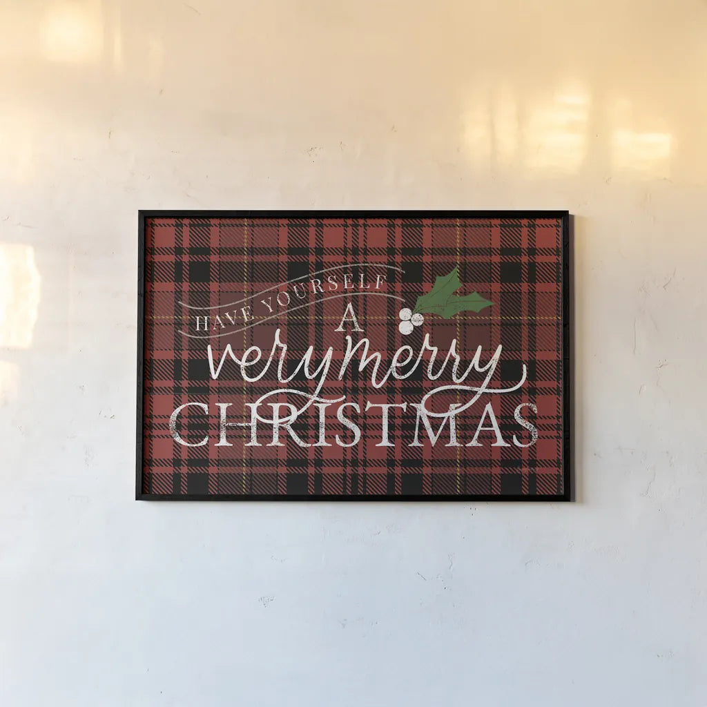 Vintage Christmas IV Plaid by Becky Thorns. shown as a paper print in a black flame. Available as a archival giclee rolled canvas, fine art paper, or poster print. SKU 73343i.